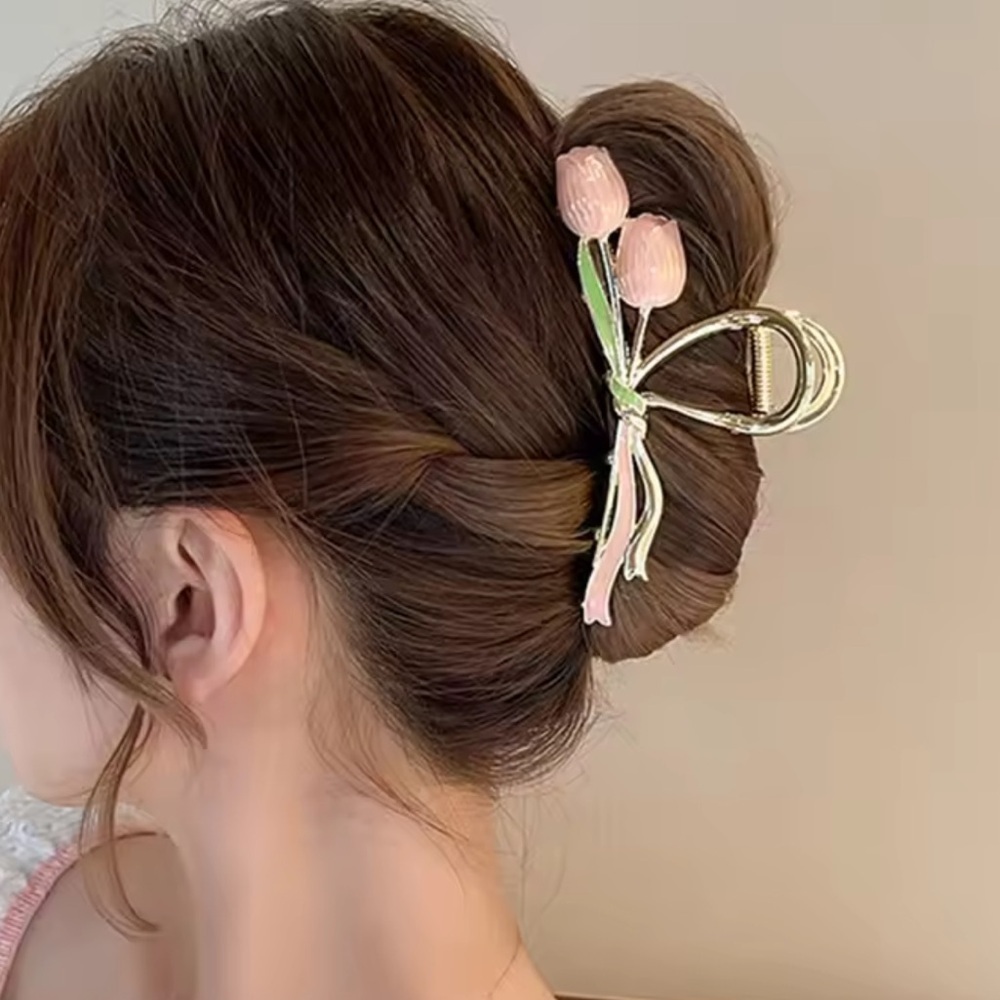 Pink Tulip Floral Metal Enamel Hair Clip